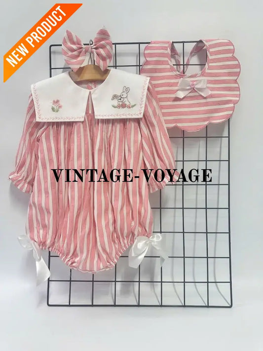 PRE ORDER&GET NEXT WEEK! NEW! VIVI CORAL STRIPED HAND EMBROIDERED BABY ROMPER BIB & HAIR ACCESSORIES SET NB 1M Baby &