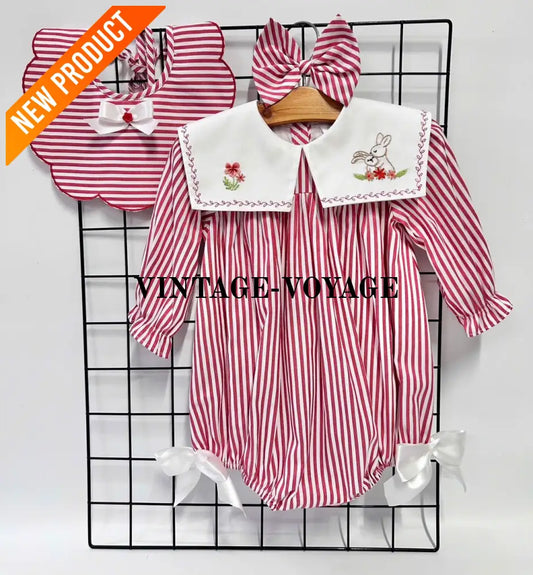 PRE ORDER&GET NEXT WEEK! NEW! VIVI RED STRIPED HAND EMBROIDERED BABY ROMPER BIB & HAIR ACCESSORIES SET NB 1 Baby &