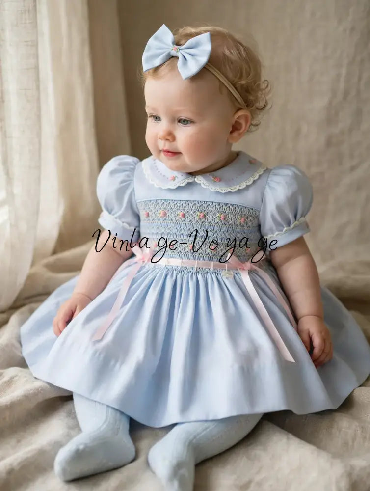 PRE-ORDER & GET NEXT WEEK‼️NEW☔️VIVIANA ROSE SKY BLUE HAND-SMOCKED 🧵🪡👑DRESS & ACCESSORIES🎀 - 3m - Baby & Toddler Dresses