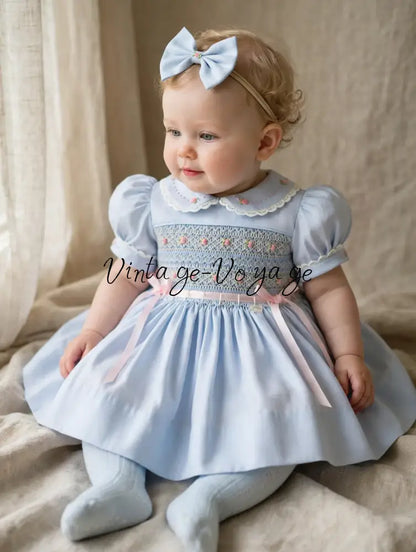 PRE-ORDER & GET NEXT WEEK‼️NEW☔️VIVIANA ROSE SKY BLUE HAND-SMOCKED 🧵🪡👑DRESS & ACCESSORIES🎀 - 3m - Baby & Toddler Dresses
