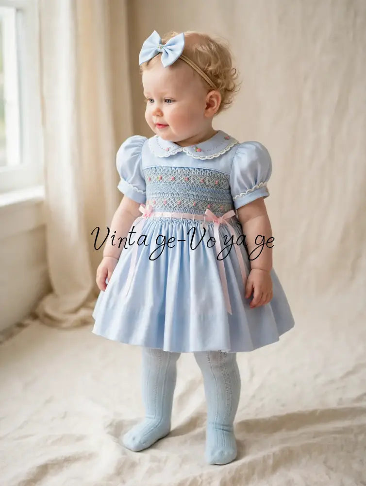 PRE-ORDER & GET NEXT WEEK‼️NEW☔️VIVIANA ROSE SKY BLUE HAND-SMOCKED 🧵🪡👑DRESS & ACCESSORIES🎀 - Baby & Toddler Dresses