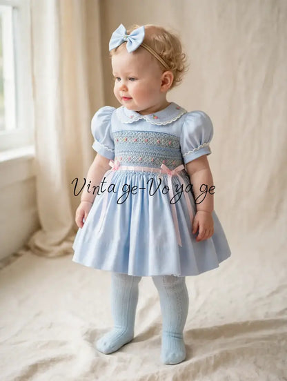 PRE-ORDER & GET NEXT WEEK‼️NEW☔️VIVIANA ROSE SKY BLUE HAND-SMOCKED 🧵🪡👑DRESS & ACCESSORIES🎀 - Baby & Toddler Dresses