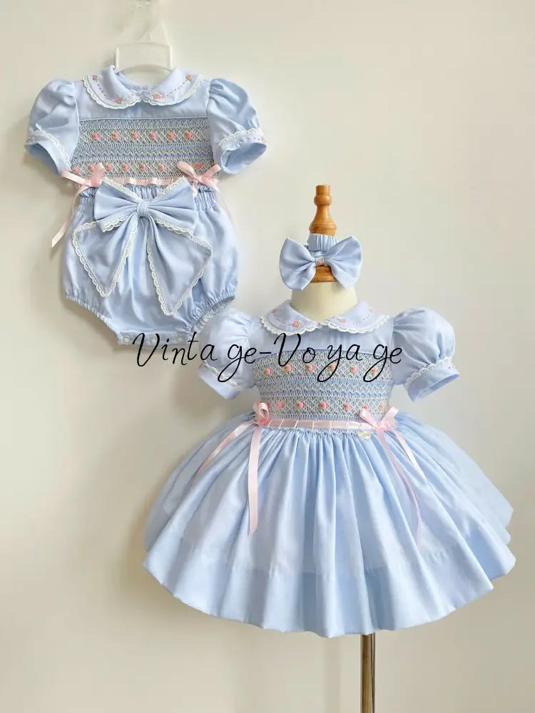 PRE-ORDER & GET NEXT WEEK‼️NEW☔️VIVIANA ROSE SKY BLUE HAND-SMOCKED 🧵🪡👑DRESS & ACCESSORIES🎀 - Baby & Toddler Dresses