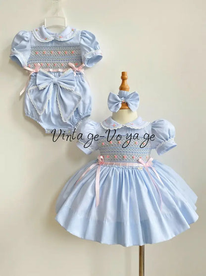 PRE-ORDER & GET NEXT WEEK‼️NEW☔️VIVIANA ROSE SKY BLUE HAND-SMOCKED 🧵🪡👑DRESS & ACCESSORIES🎀 - Baby & Toddler Dresses