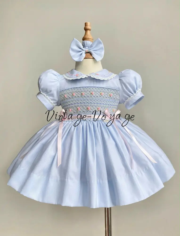 PRE-ORDER & GET NEXT WEEK‼️NEW☔️VIVIANA ROSE SKY BLUE HAND-SMOCKED 🧵🪡👑DRESS & ACCESSORIES🎀 - Baby & Toddler Dresses