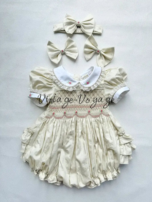 PRE-ORDER & GET NEXT WEEK! OLGA BEIGE HAND-SMOCKED ROMPER & HAIR ACCESSORIES🎀 NB Baby & Toddler Outfits