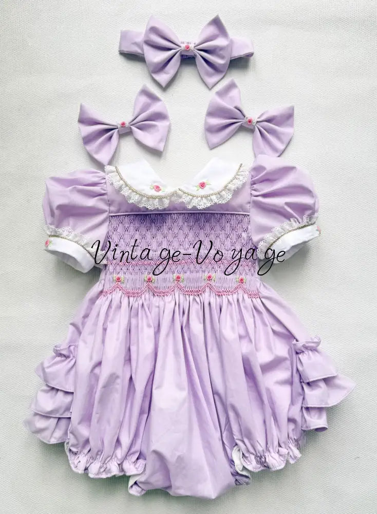 PRE-ORDER & GET NEXT WEEK! OLGA LILAC HAND-SMOCKED ROMPER & HAIR ACCESSORIES🎀 NB Baby & Toddler Outfits