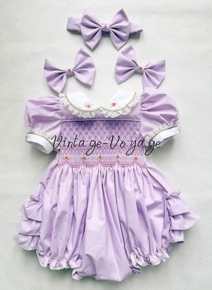 PRE-ORDER & GET NEXT WEEK! OLGA LILAC HAND-SMOCKED ROMPER & HAIR ACCESSORIES🎀 NB Baby & Toddler Outfits