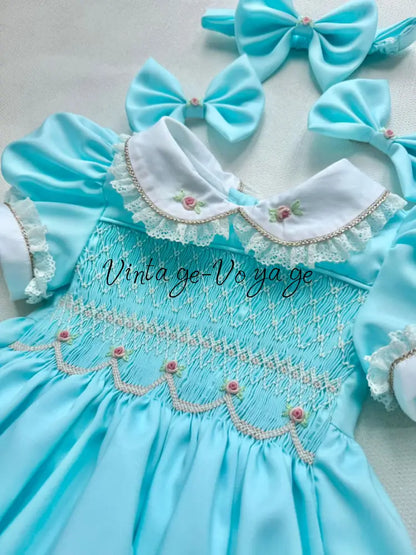 PRE-ORDER & GET NEXT WEEK! OLGA TURQUOISE HAND-SMOCKED ROMPER & HAIR ACCESSORIES🎀 Baby & Toddler Outfits