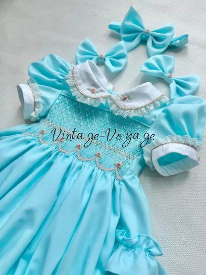 PRE-ORDER & GET NEXT WEEK! OLGA TURQUOISE HAND-SMOCKED ROMPER & HAIR ACCESSORIES🎀 Baby & Toddler Outfits