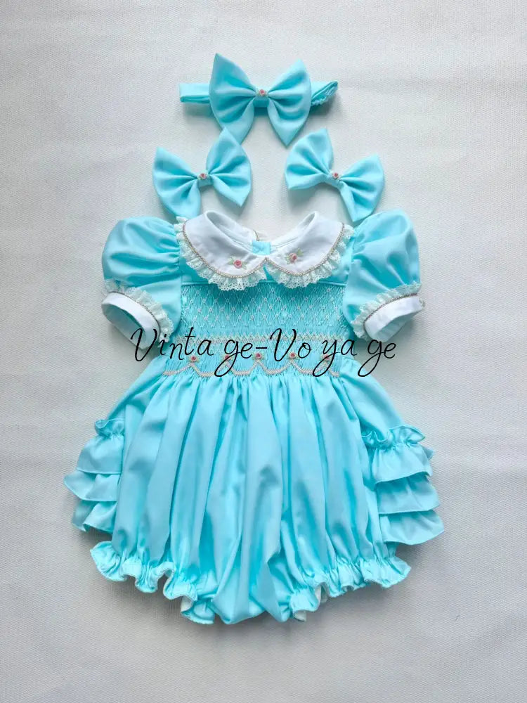 PRE-ORDER & GET NEXT WEEK! OLGA TURQUOISE HAND-SMOCKED ROMPER & HAIR ACCESSORIES🎀 NB Baby & Toddler Outfits