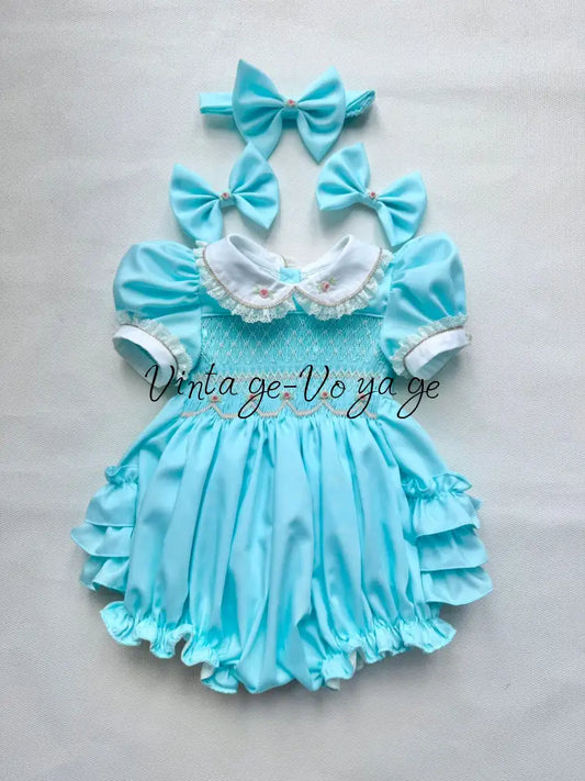 PRE-ORDER & GET NEXT WEEK! OLGA TURQUOISE HAND-SMOCKED ROMPER & HAIR ACCESSORIES🎀 NB Baby & Toddler Outfits
