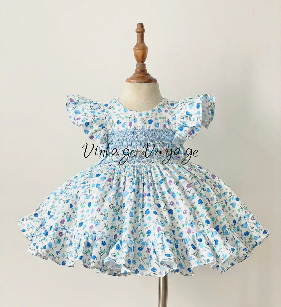 PRE-ORDER&GET NEXT WEEK! OLIVIA BLUE PRINT⚜️HAND-SMOCKED DRESS,🧵🪡KNICKERS BAG & HAIR BOWS🎀 6M Baby & Toddler Dresses