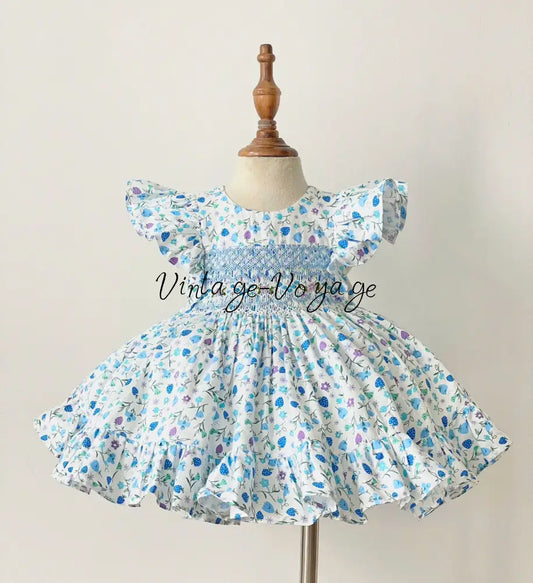 PRE-ORDER&GET NEXT WEEK! OLIVIA BLUE PRINT⚜️HAND-SMOCKED DRESS,🧵🪡KNICKERS BAG & HAIR BOWS🎀 6M Baby & Toddler Dresses