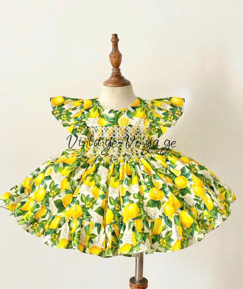 PRE-ORDER&GET NEXT WEEK! OLIVIA LEMON PRINT⚜️HAND-SMOCKED DRESS,🧵🪡KNICKERS BAG & HAIR BOWS🎀 6M Baby & Toddler Dresses