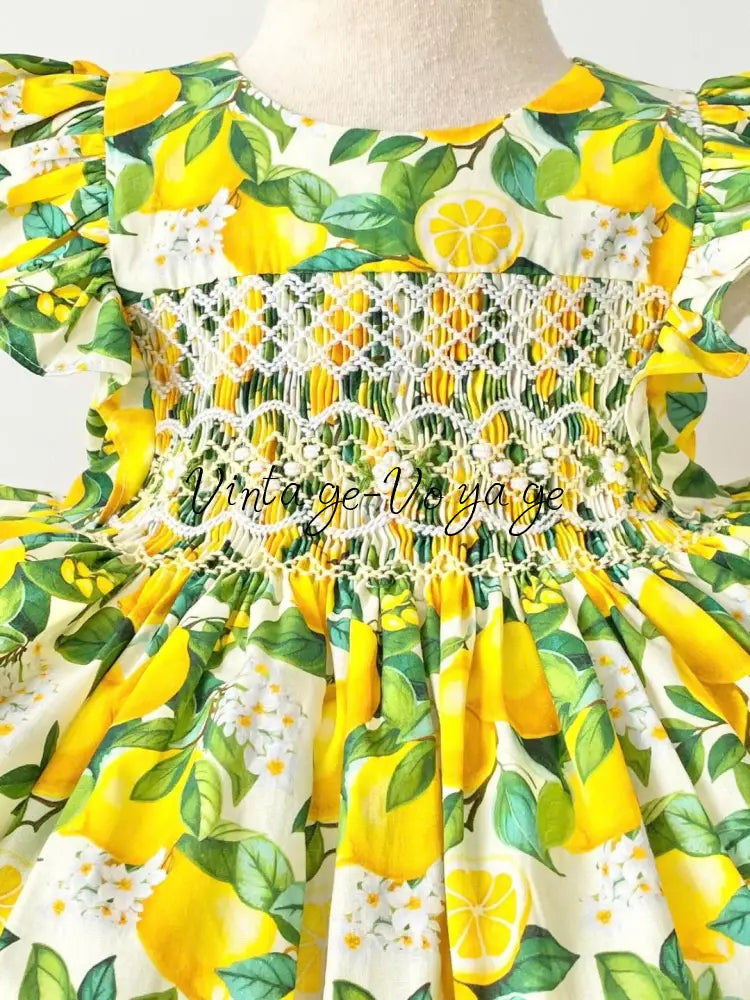 PRE-ORDER&GET NEXT WEEK! OLIVIA LEMON PRINT⚜️HAND-SMOCKED DRESS,🧵🪡KNICKERS BAG & HAIR BOWS🎀 Baby & Toddler Dresses