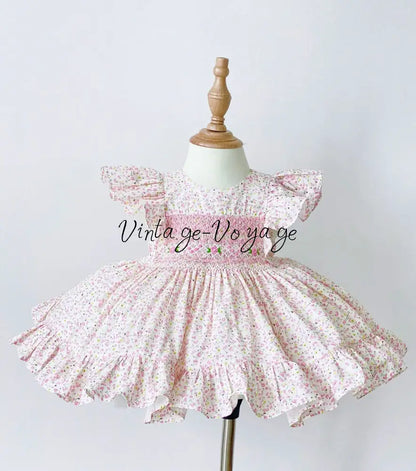 PRE-ORDER&GET NEXT WEEK! OLIVIA PINK PRINT⚜️HAND-SMOCKED DRESS,🧵🪡KNICKERS BAG & HAIR BOWS🎀 6M Baby & Toddler Dresses