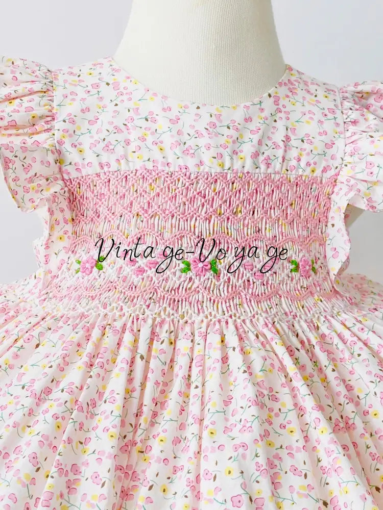 PRE-ORDER&GET NEXT WEEK! OLIVIA PINK PRINT⚜️HAND-SMOCKED DRESS,🧵🪡KNICKERS BAG & HAIR BOWS🎀 Baby & Toddler Dresses