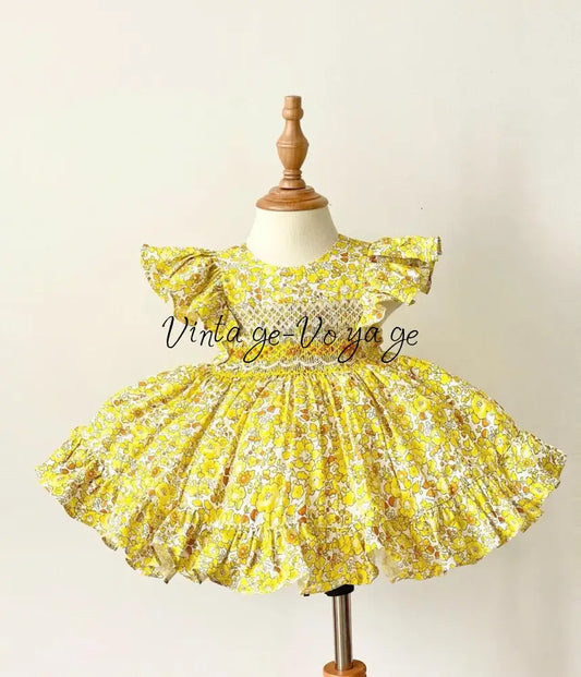 PRE-ORDER&GET NEXT WEEK! OLIVIA YELLOW⚜️HAND-SMOCKED DRESS,🧵🪡KNICKERS BAG & HAIR BOWS🎀 6M Baby & Toddler Dresses