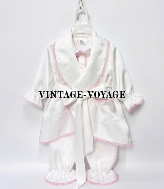 Pre-Order & Get Next Week🤩Sofia White Pink🌷Silk/Satin 🪽Dressing Gown Pyjamas Bows🎀🎀 6M Pyjama Set