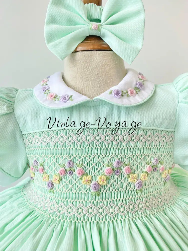 PRE-ORDER & GET NEXT WEEK! VIOLA MINT👼FRONT & BACK HAND SMOCKED🧵🪡DRESS,PANTIES & HAIR ACCESSORIES🎀🩲 - 3 months - Baby &