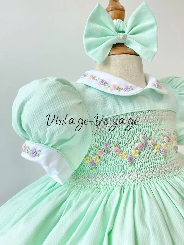 PRE-ORDER & GET NEXT WEEK! VIOLA MINT👼FRONT & BACK HAND SMOCKED🧵🪡DRESS,PANTIES & HAIR ACCESSORIES🎀🩲 - Baby & Toddler