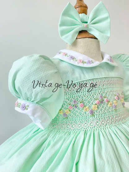 PRE-ORDER & GET NEXT WEEK! VIOLA MINT👼FRONT & BACK HAND SMOCKED🧵🪡DRESS,PANTIES & HAIR ACCESSORIES🎀🩲 - Baby & Toddler