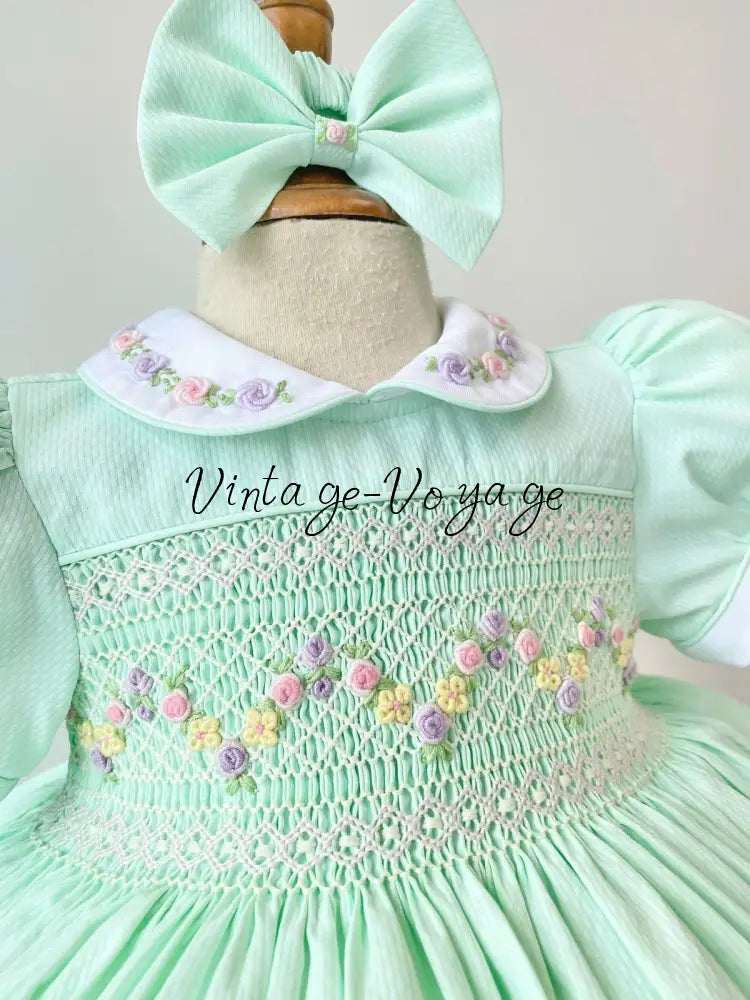 PRE-ORDER & GET NEXT WEEK! VIOLA MINT👼FRONT & BACK HAND SMOCKED🧵🪡DRESS,PANTIES & HAIR ACCESSORIES🎀🩲 - Baby & Toddler