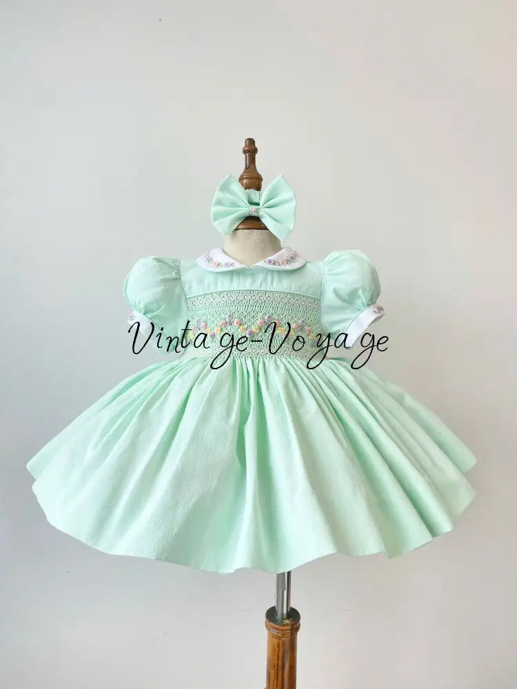 PRE-ORDER & GET NEXT WEEK! VIOLA MINT👼FRONT & BACK HAND SMOCKED🧵🪡DRESS,PANTIES & HAIR ACCESSORIES🎀🩲 - Baby & Toddler