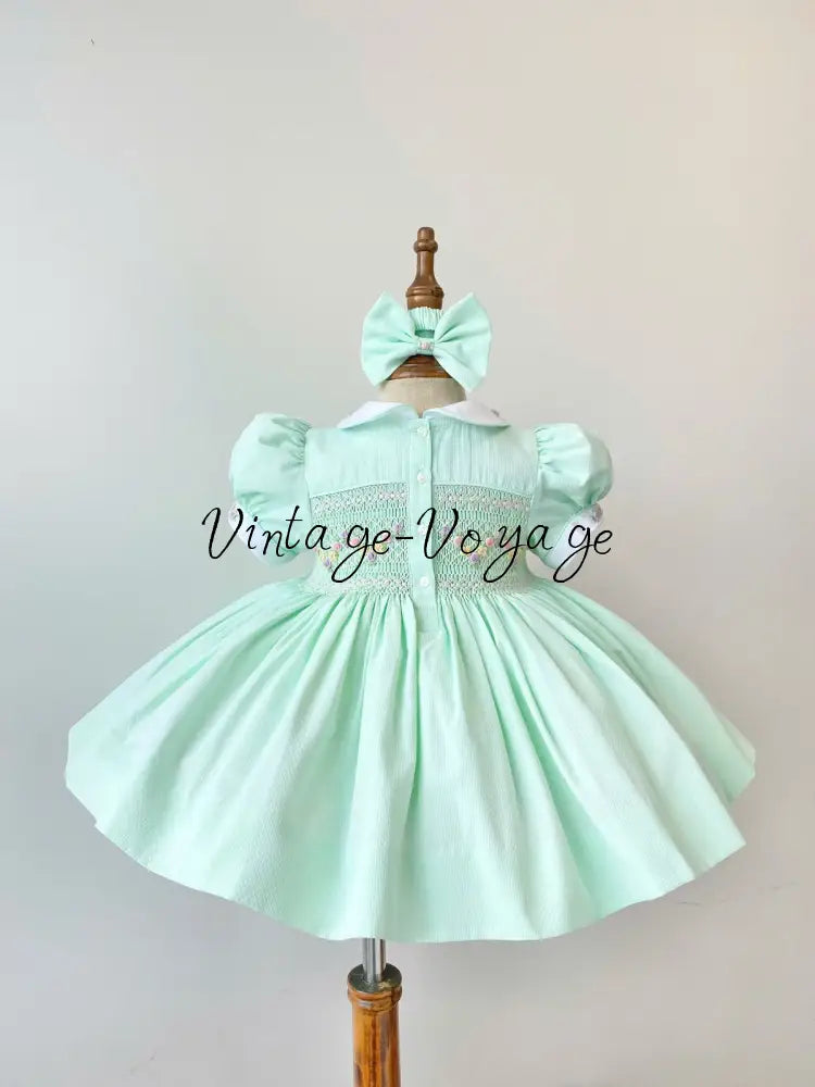 PRE-ORDER & GET NEXT WEEK! VIOLA MINT👼FRONT & BACK HAND SMOCKED🧵🪡DRESS,PANTIES & HAIR ACCESSORIES🎀🩲 - Baby & Toddler