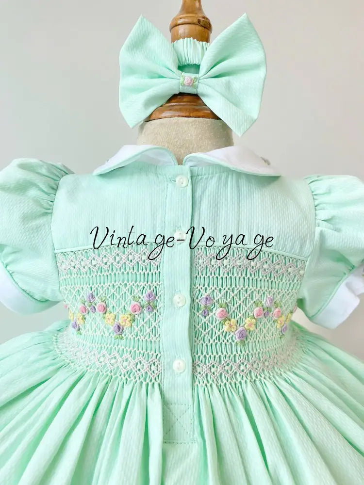 PRE-ORDER & GET NEXT WEEK! VIOLA MINT👼FRONT & BACK HAND SMOCKED🧵🪡DRESS,PANTIES & HAIR ACCESSORIES🎀🩲 - Baby & Toddler