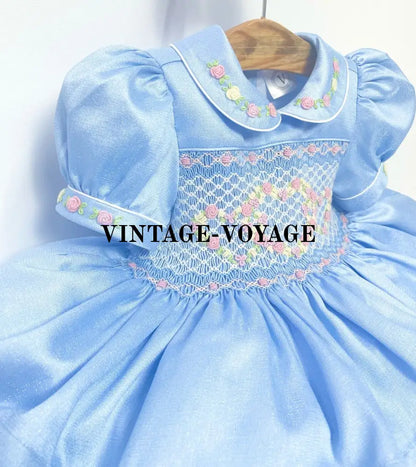 PRE-ORDER LUNA BLUE TAFFETA HAND-SMOCKED DRESS & BOWS OR HEADBAND Baby & Toddler Dresses