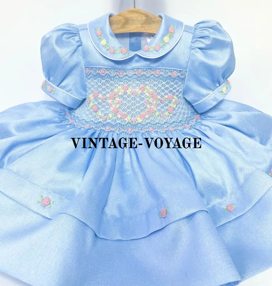 PRE-ORDER LUNA BLUE TAFFETA HAND-SMOCKED DRESS & BOWS OR HEADBAND Baby & Toddler Dresses