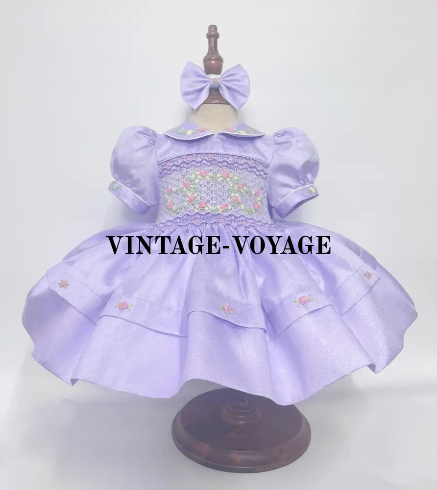 PRE-ORDER LUNA LILAC TAFFETA HAND-SMOCKED DRESS & BOWS OR HEADBAND 6M Baby & Toddler Dresses