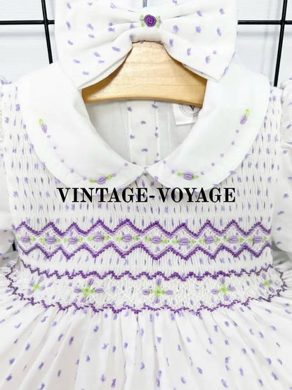 PRE-ORDER NATALIE LILAC SWISS DOTS HAND-SMOCKED DRESS & BOWS OR HEADBAND Baby & Toddler Dresses