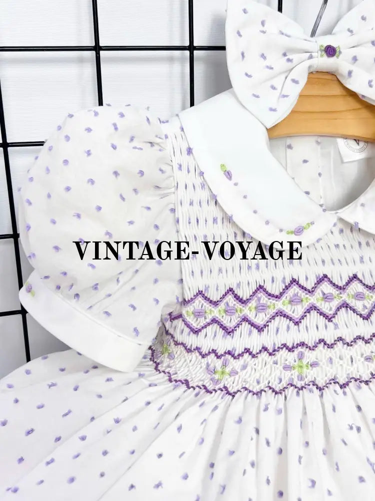 PRE-ORDER NATALIE LILAC SWISS DOTS HAND-SMOCKED DRESS & BOWS OR HEADBAND Baby & Toddler Dresses