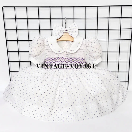 PRE-ORDER NATALIE LILAC SWISS DOTS HAND-SMOCKED DRESS & BOWS OR HEADBAND NB Baby & Toddler Dresses