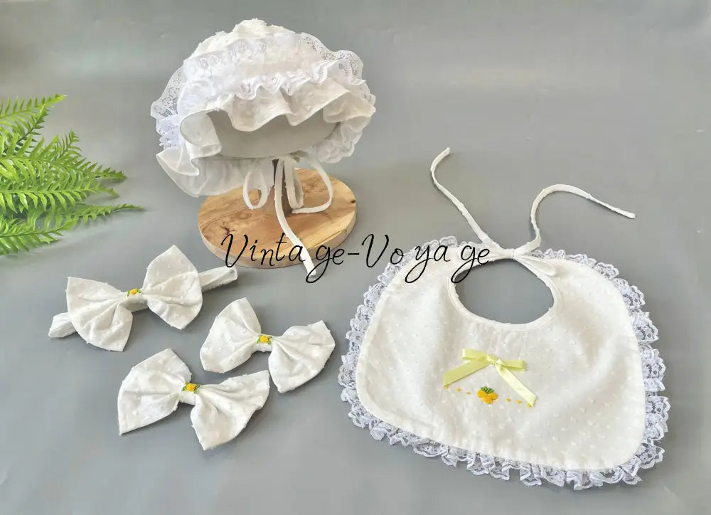 PRE-ORDER❣️NEW👑AURORA🧚🏻‍♀️🧚WHITE & LEMON🎂HAND-SMOCKED🧵🪡DRESS BONNET BIB,KNICKERS & HEADBAND SET🎀 Baby & Toddler Dresses