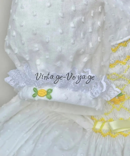 PRE-ORDER❣️NEW👑AURORA🧚🏻‍♀️🧚WHITE & LEMON🎂HAND-SMOCKED🧵🪡DRESS BONNET BIB,KNICKERS & HEADBAND SET🎀 Baby & Toddler Dresses