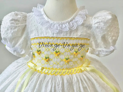 PRE-ORDER❣️NEW👑AURORA🧚🏻‍♀️🧚WHITE & LEMON🎂HAND-SMOCKED🧵🪡DRESS BONNET BIB,KNICKERS & HEADBAND SET🎀 Baby & Toddler Dresses
