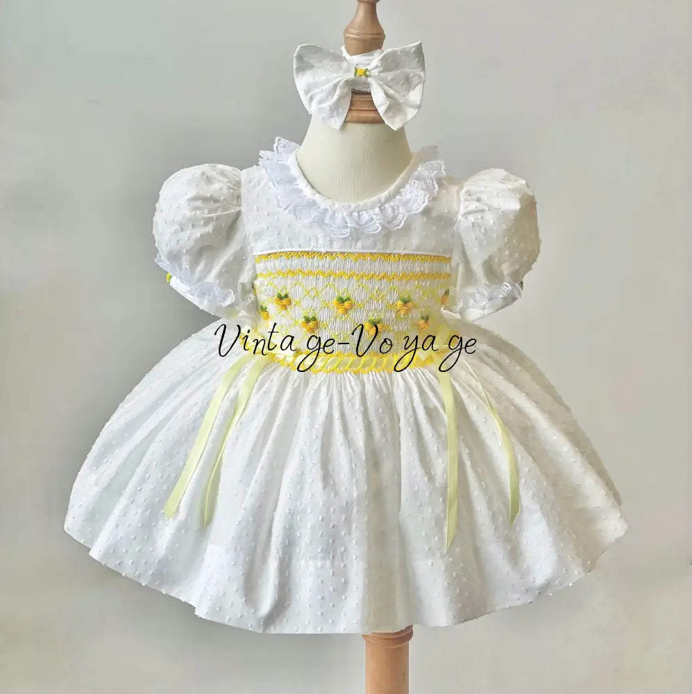 PRE-ORDER❣️NEW👑AURORA🧚🏻‍♀️🧚WHITE & LEMON🎂HAND-SMOCKED🧵🪡DRESS BONNET BIB,KNICKERS & HEADBAND SET🎀 NB-1M Baby & Toddler
