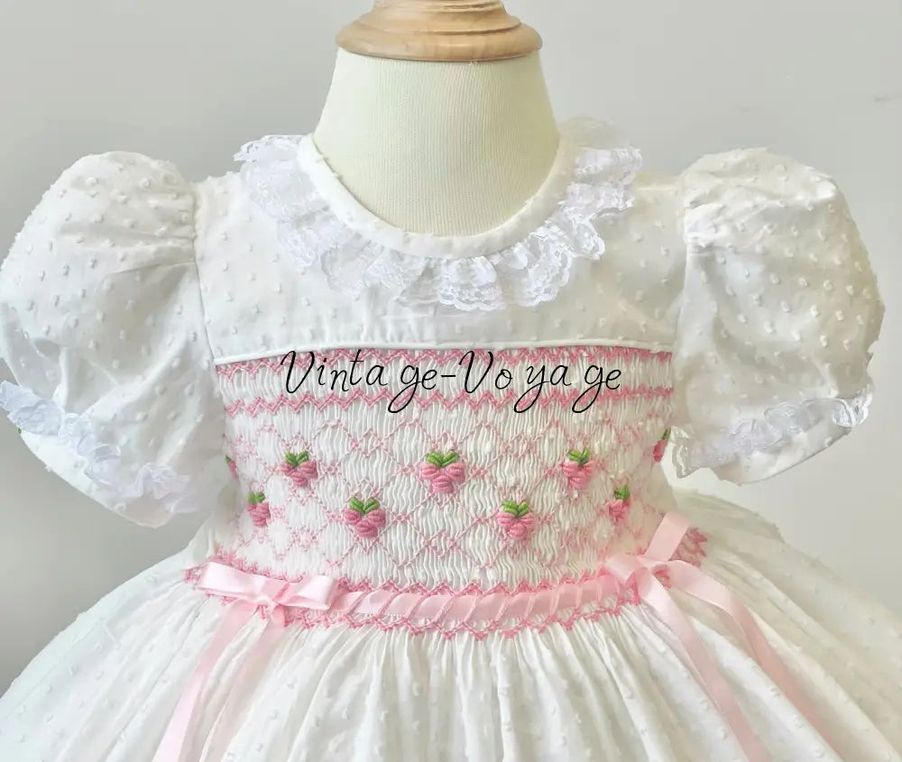 PRE-ORDER❣️NEW👑AURORA🧚🏻‍♀️🧚WHITE & PINK🎂HAND-SMOCKED🧵🪡DRESS BONNET BIB,KNICKERS & HEADBAND SET🎀 Baby & Toddler Dresses