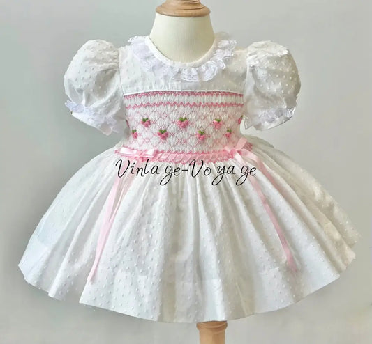 PRE-ORDER❣️NEW👑AURORA🧚🏻‍♀️🧚WHITE & PINK🎂HAND-SMOCKED🧵🪡DRESS BONNET BIB,KNICKERS & HEADBAND SET🎀 NB-1M Baby & Toddler