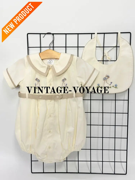 PRE ORDER‼️NEW🤩BAMBINO BISCUIT🍦 HAND EMBROIDERED🧵🪡BABY BOYS ROMPER & BIB🦒 NB 1M Baby & Toddler Outfits