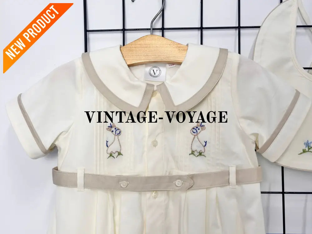 PRE ORDER‼️NEW🤩BAMBINO BISCUIT🍦 HAND EMBROIDERED🧵🪡BABY BOYS ROMPER & BIB🦒 Baby & Toddler Outfits