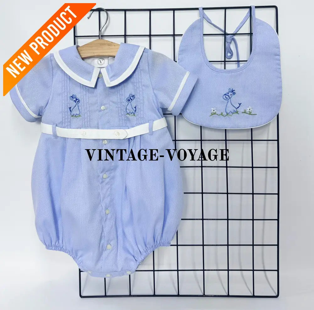 PRE ORDER‼️NEW🤩BAMBINO BLUE HAND EMBROIDERED🧵🪡BABY BOYS ROMPER & BIB🦒 NB 1M Baby & Toddler Outfits