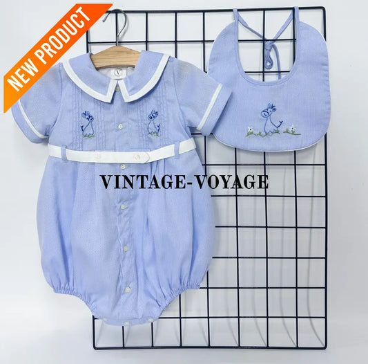 PRE ORDER‼️NEW🤩BAMBINO BLUE HAND EMBROIDERED🧵🪡BABY BOYS ROMPER & BIB🦒 NB 1M Baby & Toddler Outfits