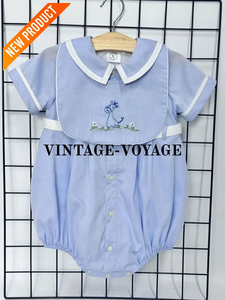 PRE ORDER‼️NEW🤩BAMBINO BLUE HAND EMBROIDERED🧵🪡BABY BOYS ROMPER & BIB🦒 Baby & Toddler Outfits