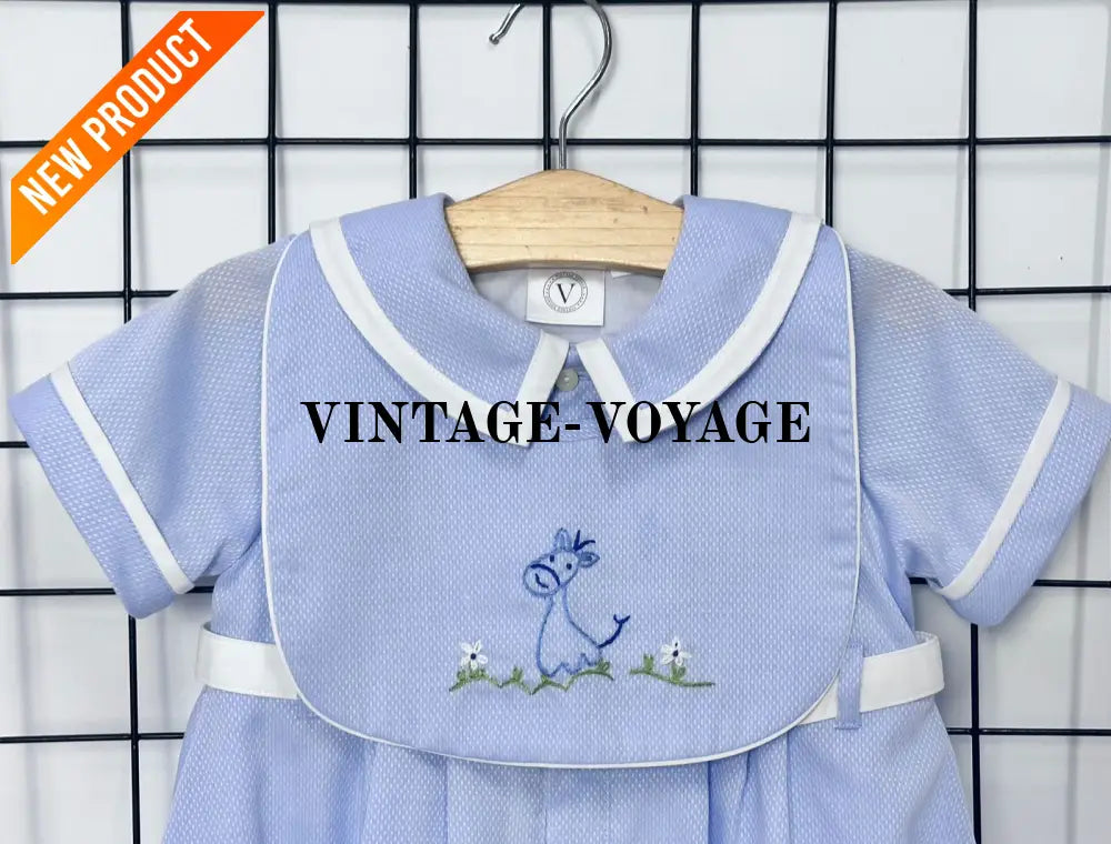 PRE ORDER‼️NEW🤩BAMBINO BLUE HAND EMBROIDERED🧵🪡BABY BOYS ROMPER & BIB🦒 Baby & Toddler Outfits