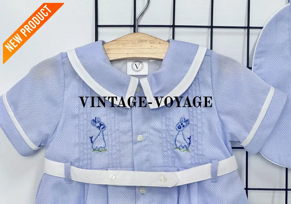 PRE ORDER‼️NEW🤩BAMBINO BLUE HAND EMBROIDERED🧵🪡BABY BOYS ROMPER & BIB🦒 Baby & Toddler Outfits